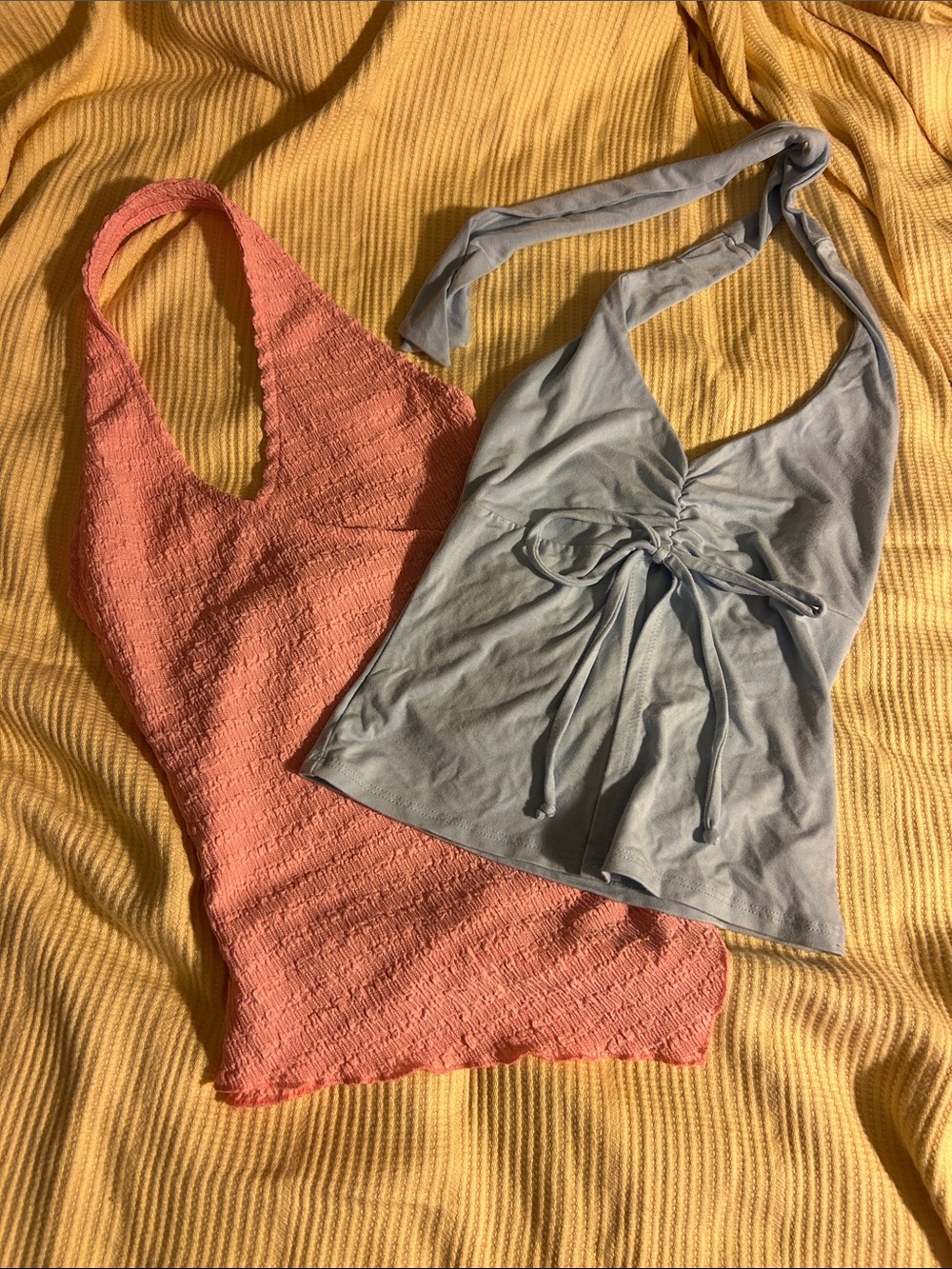 Cotton On Coral Textured Halter & Light Blue Tie-Front Halter Tank Tops